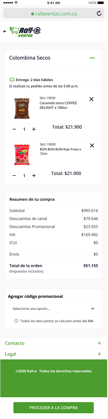 Pantalla de carrito de compras del prototipo rali-e