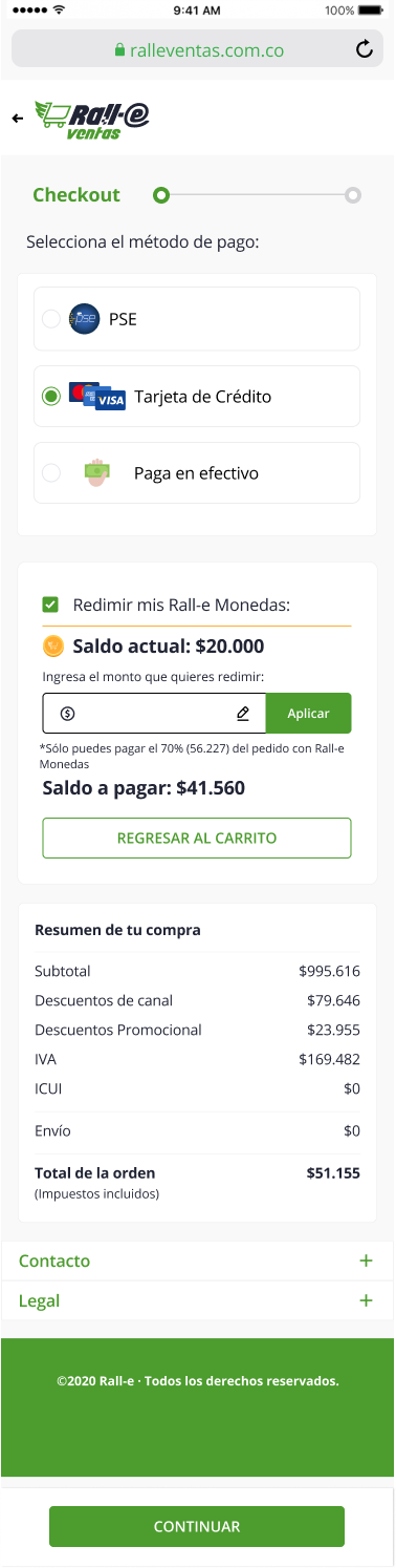 Pantalla de checkout con método de pago y monedas rali-e