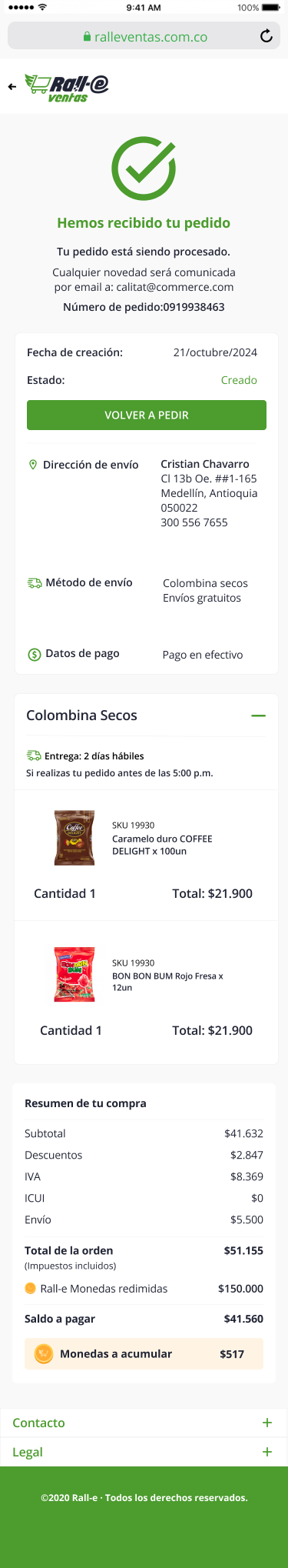 Pantalla de confirmación del pedido del prototipo rali-e